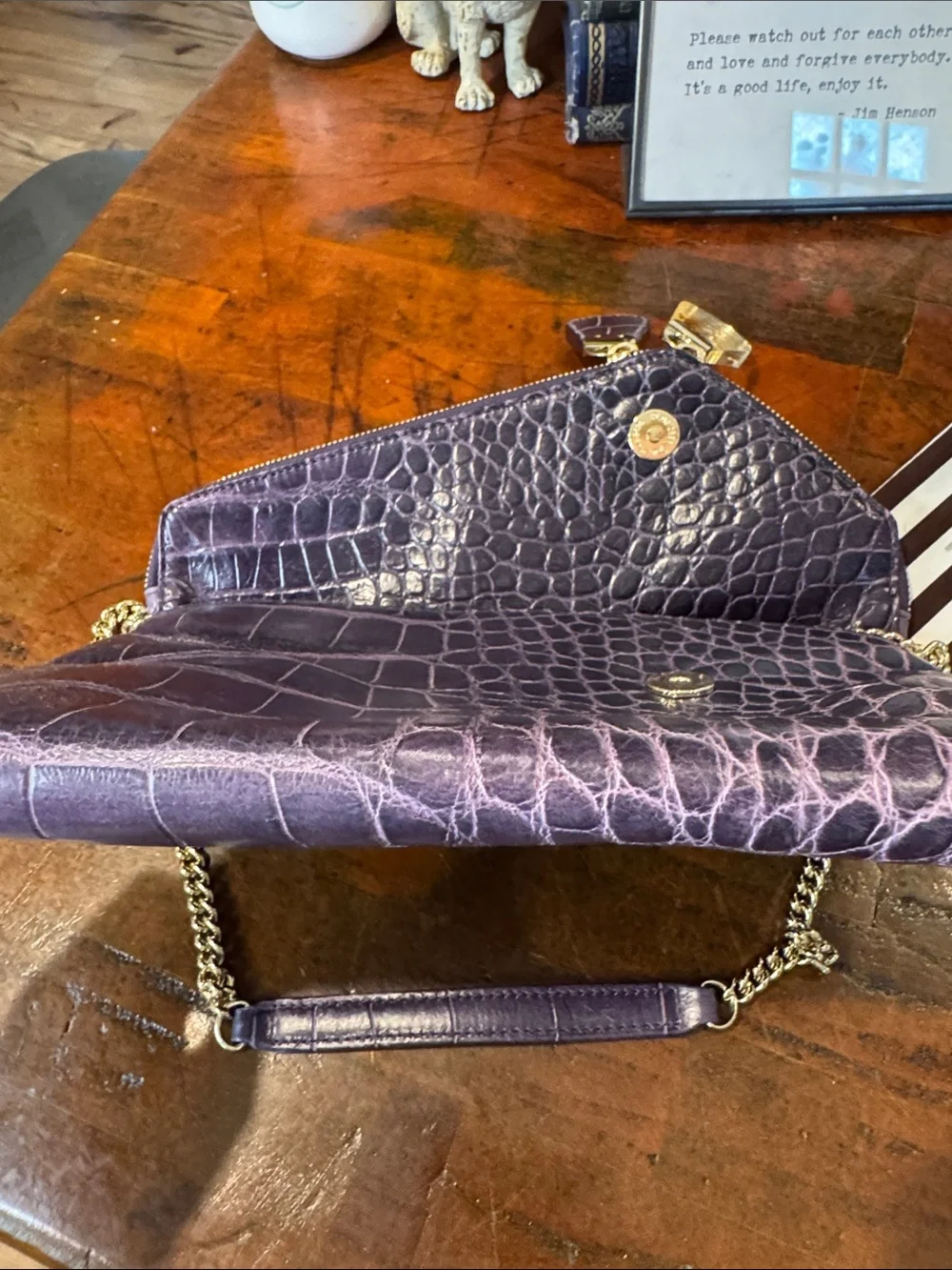 henri bendel Plum Croc-Embossed Leather Chain Shoulder Clutch